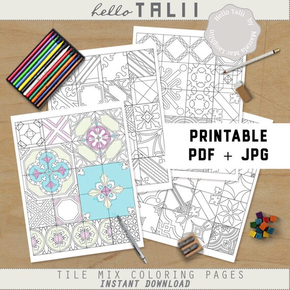 Tiles Coloring Pages For Adults Printable Mixed Mosaics Coloring Pages 4 Digital Instant Download Pdf Jpg Coloring Decor