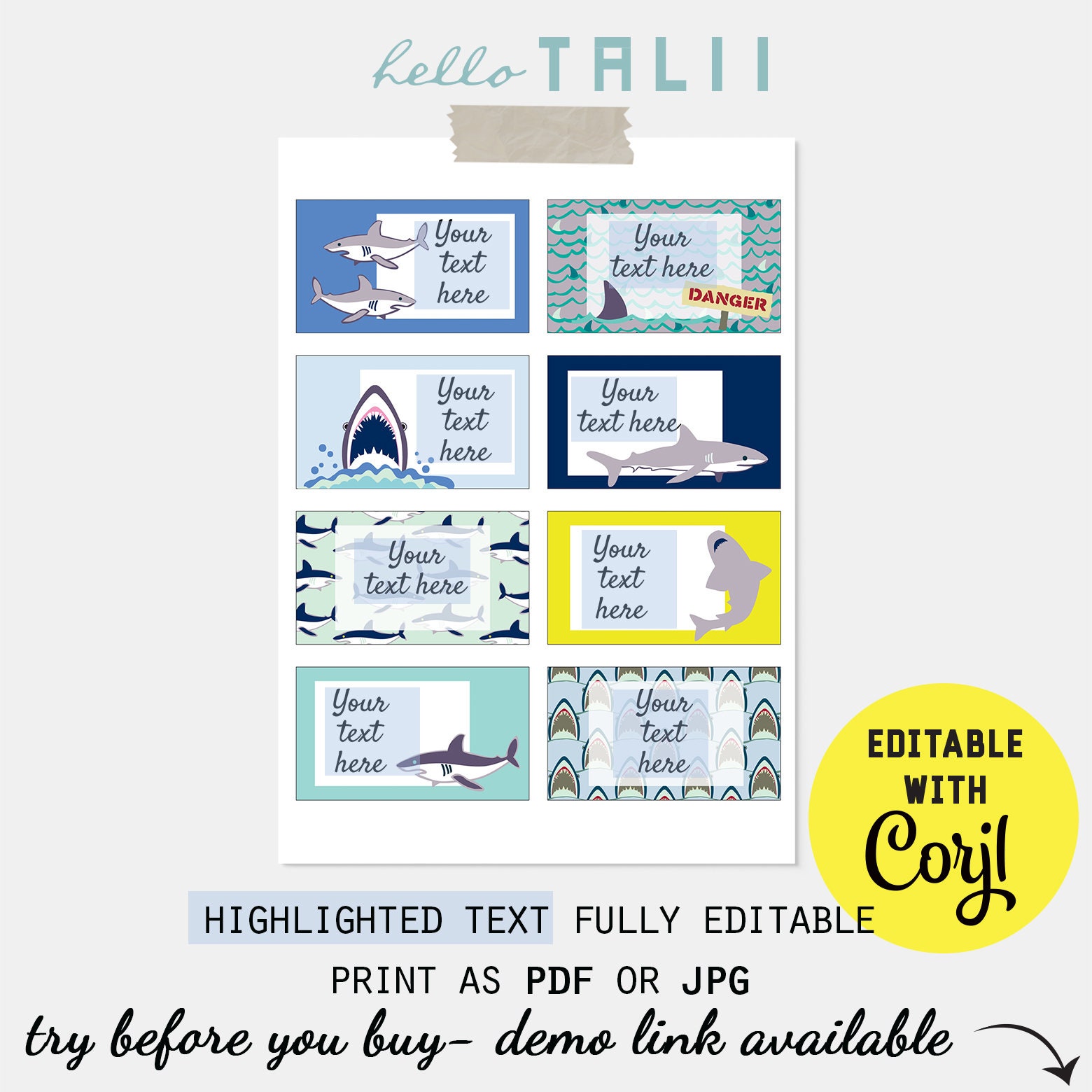 SHARK LABELS Printable Collage Sheet Sharks Food Labels Name - Etsy