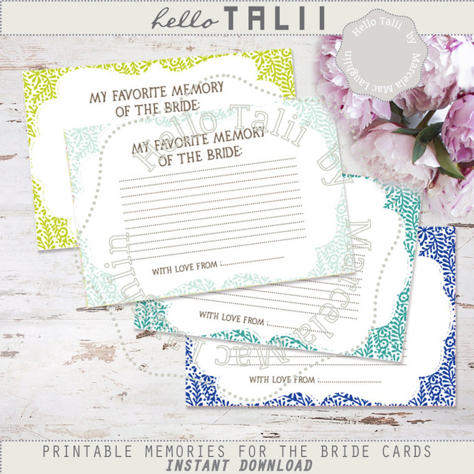 Favorite Memory of the Bride PRINTABLE Cards Teal Bridal | Etsy