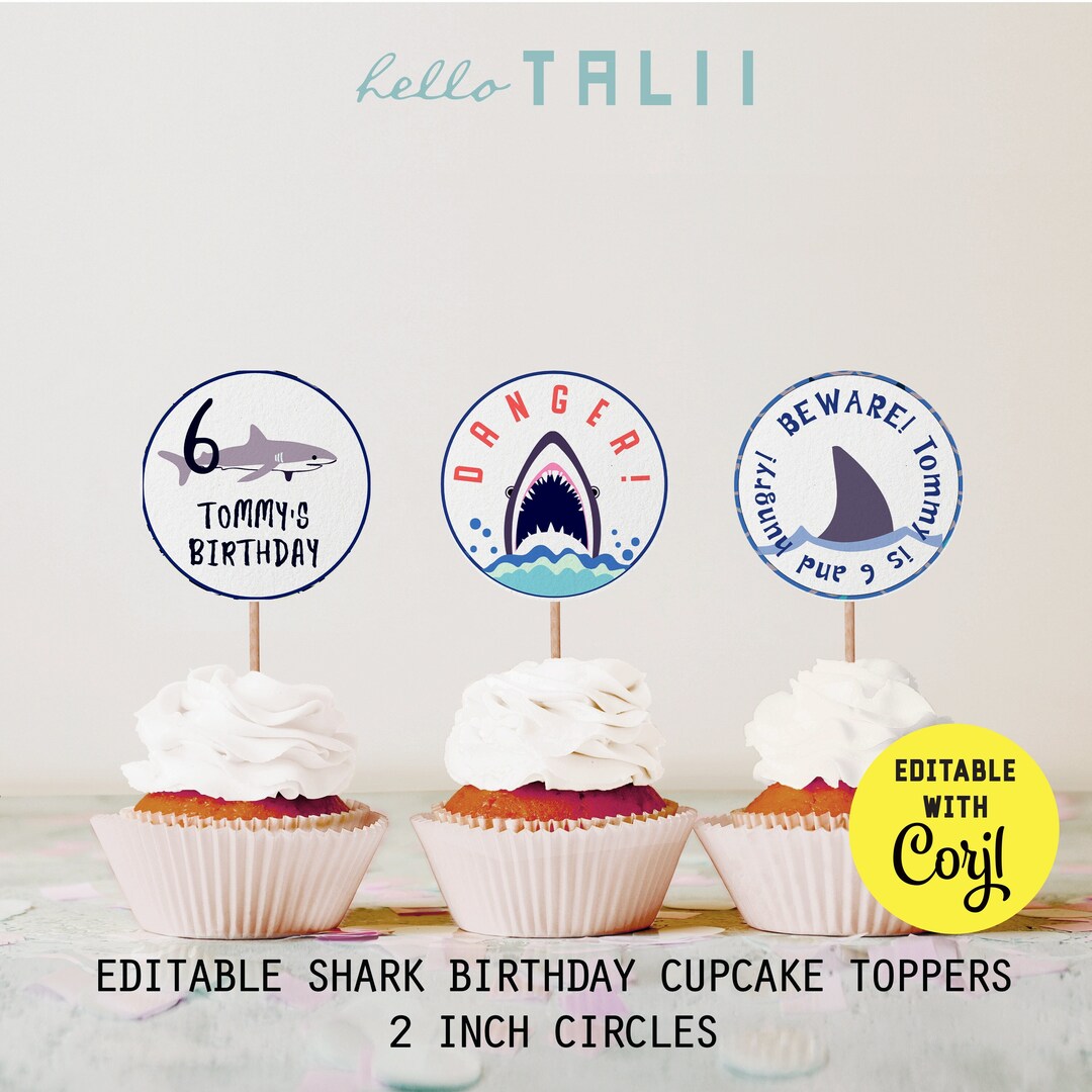 SHARKS Cupcake Toppers Printable Editable Shark Birthday Party Decor 2