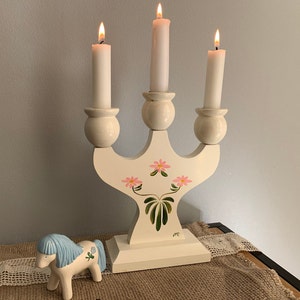 Swedish Vintage Wooden Candle Holder, White Candelabra, Swedish Folk