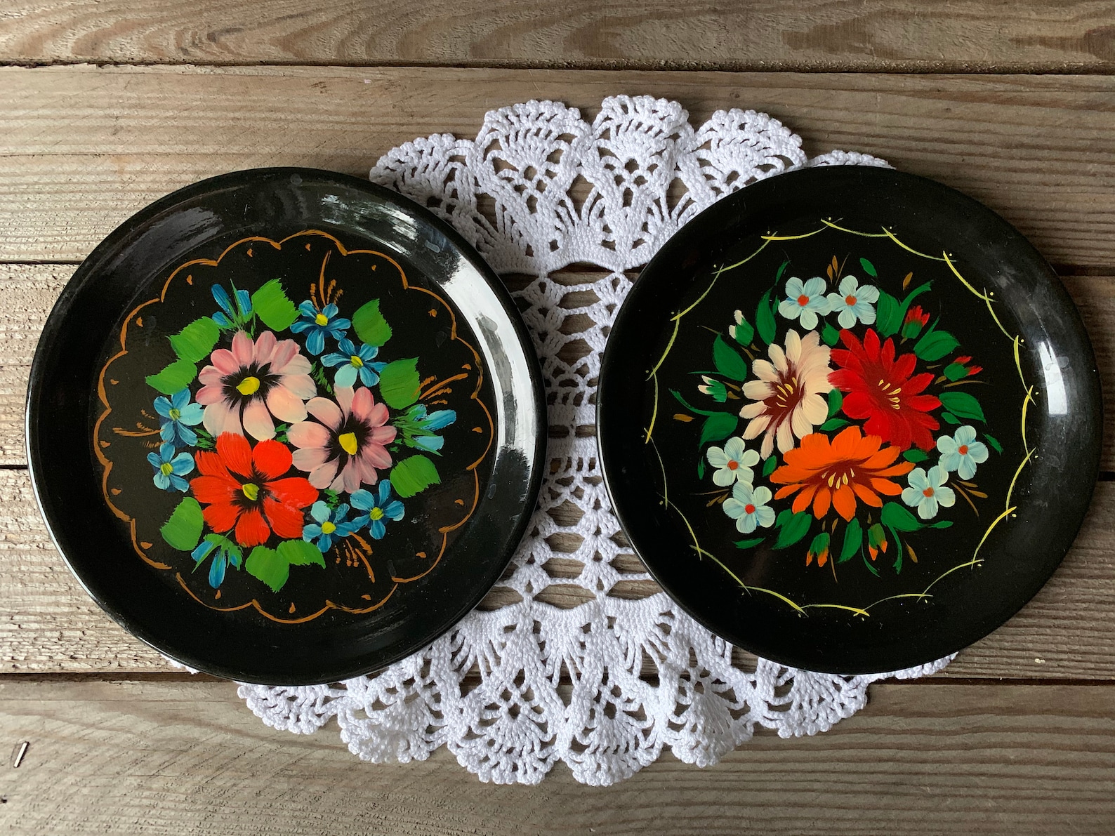 Soviet Vintage Black Metal Tray With Hand Painted Flowers Set Etsy