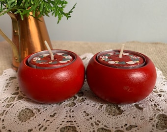 Swedish Vintage Red Wooden Candle Holder, Christmas Decor, Swedish Folk, Set of 2