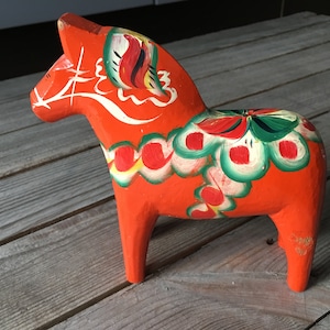 Scandinavian Vintage Wooden Horse, Swedish Red DALA Horse, Hand painted, Swedish Folk Art