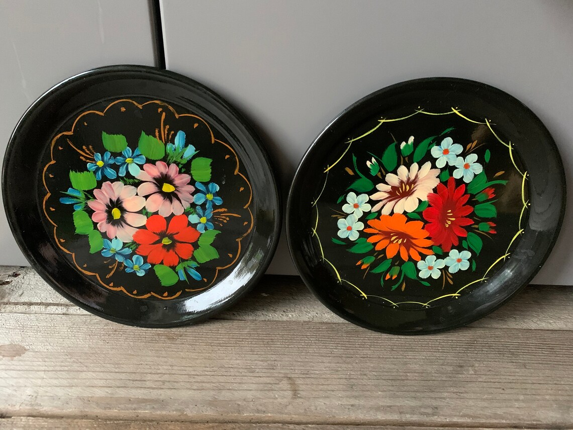 Soviet Vintage Black Metal Tray With Hand Painted Flowers Set Etsy