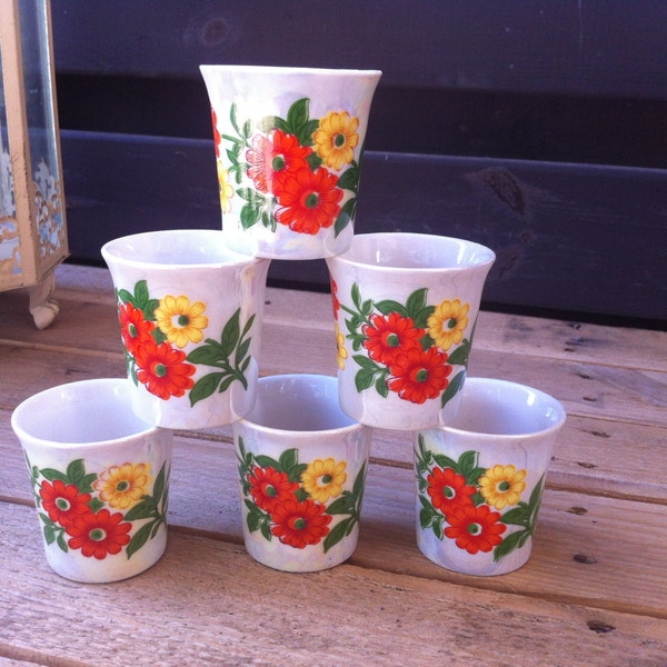 Soviet Vintage Little Ceramic Vodka Cups, Set of 6, Red and Yellow Flower Decor, Luster Ceramic Cups, made in USSR.