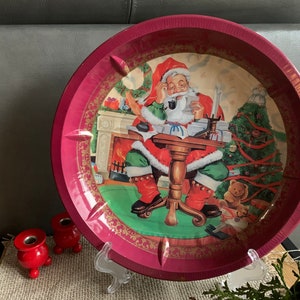 Vintage Round Metal Christmas Tray with Santa Claus