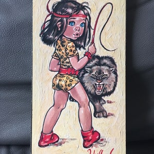 Wooden Picture by Idylle Falconi, Idylle F, Jolylle. Big Eye Girl with Lion.