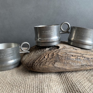 Vintage Swedish Pewter Cups – Set of 3 Scandia Tenn Karlshamn C10 – Mid-Century Espresso Tea Mugs with Handle & Inscription