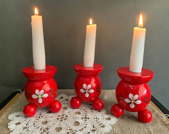 Swedish Vintage Big Candlestick Holder, Red Wooden Candle Holder, Christmas Decor, Swedish Folk