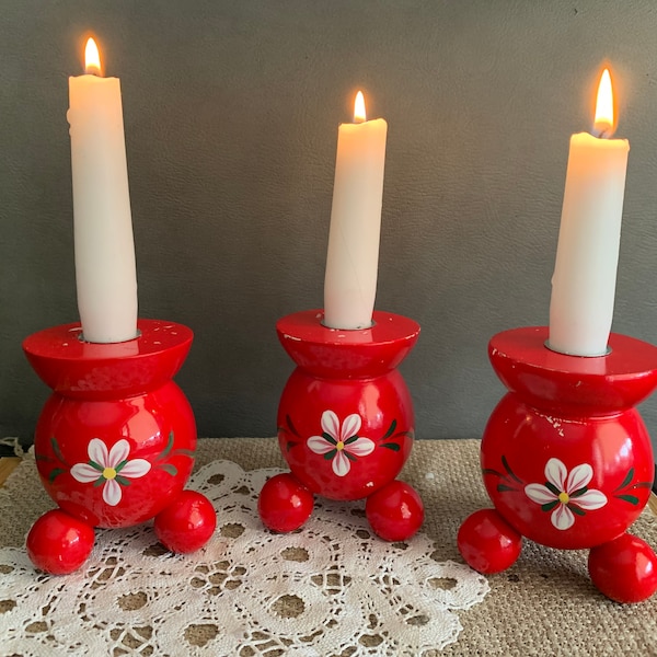 Swedish Vintage Big Candlestick Holder, Red Wooden Candle Holder, Christmas Decor, Swedish Folk