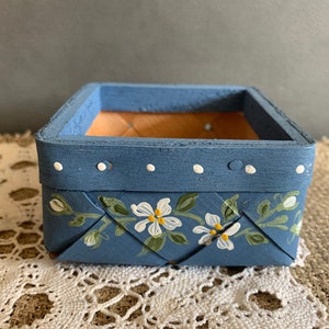 Scandinavian Vintage Small Braided Basket, Wooden Basket, Blue Basket Hand Painted Flowers