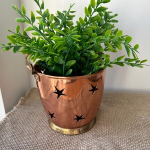 May include: A copper-colored metal planter with star cutouts, holding a vibrant green plant. The planter has a gold-colored base and handle attachments. The plant has many small green leaves. The planter sits on a tan burlap surface.