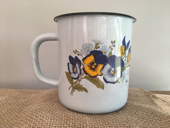 Soviet Vintage Large Enamel Mug, Light Blue Enamel Mug, Blue and Yellow Pansies, Pansy Decor,Soviet Enamelware
