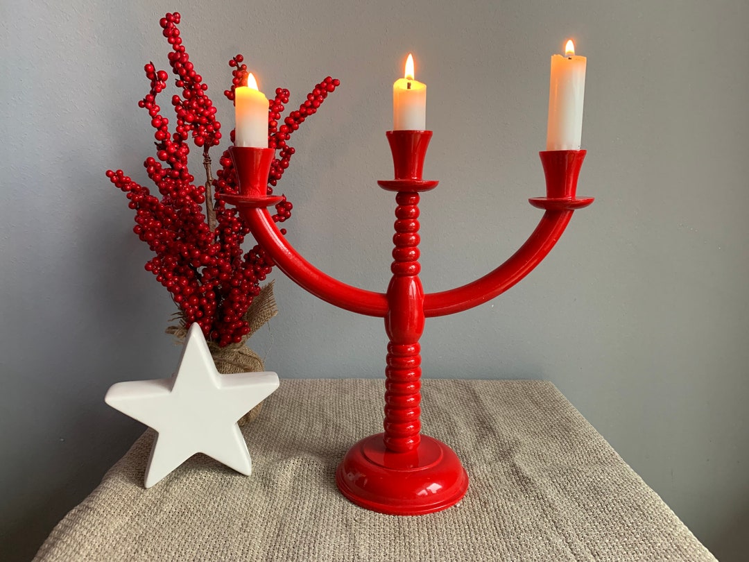 Swedish Vintage Red Wooden Candle Holder Wooden Candelabra Etsy