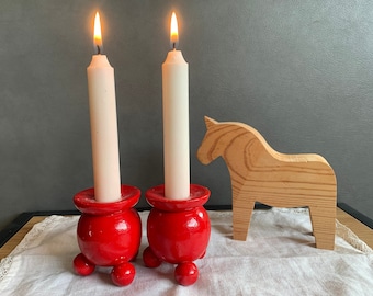 Swedish Vintage Ball Candlestick Holder, Red Wooden Candle Holder, Christmas Decor, Swedish Folk, Set of 2