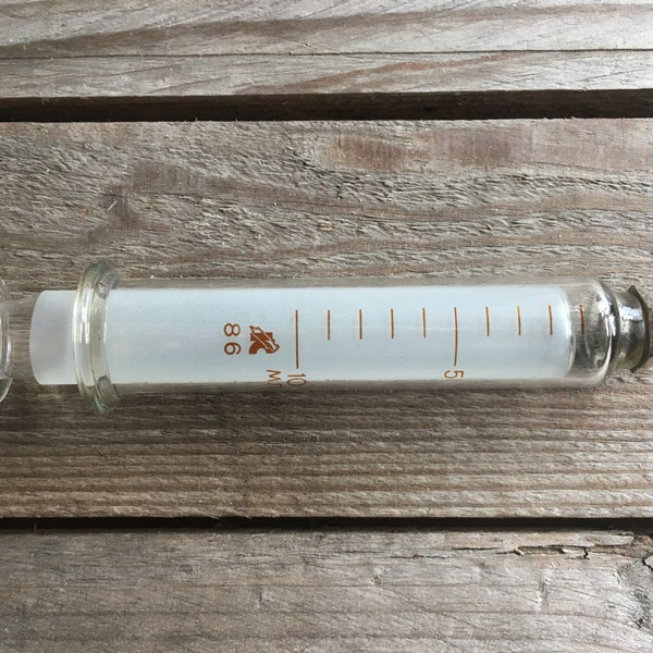 Soviet Vintage Medical Glass and Brass Syringe With Needle 10 ml, Old Medical Supplies, made in USSR