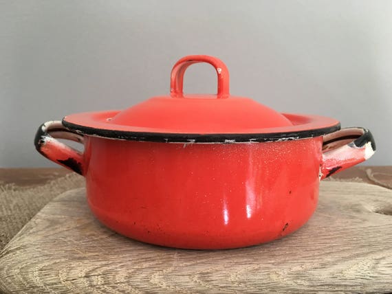 Vintage Enamel Small Soup Pot, Porridge Pot, Pot With Lid, Red Enamel Pot.  