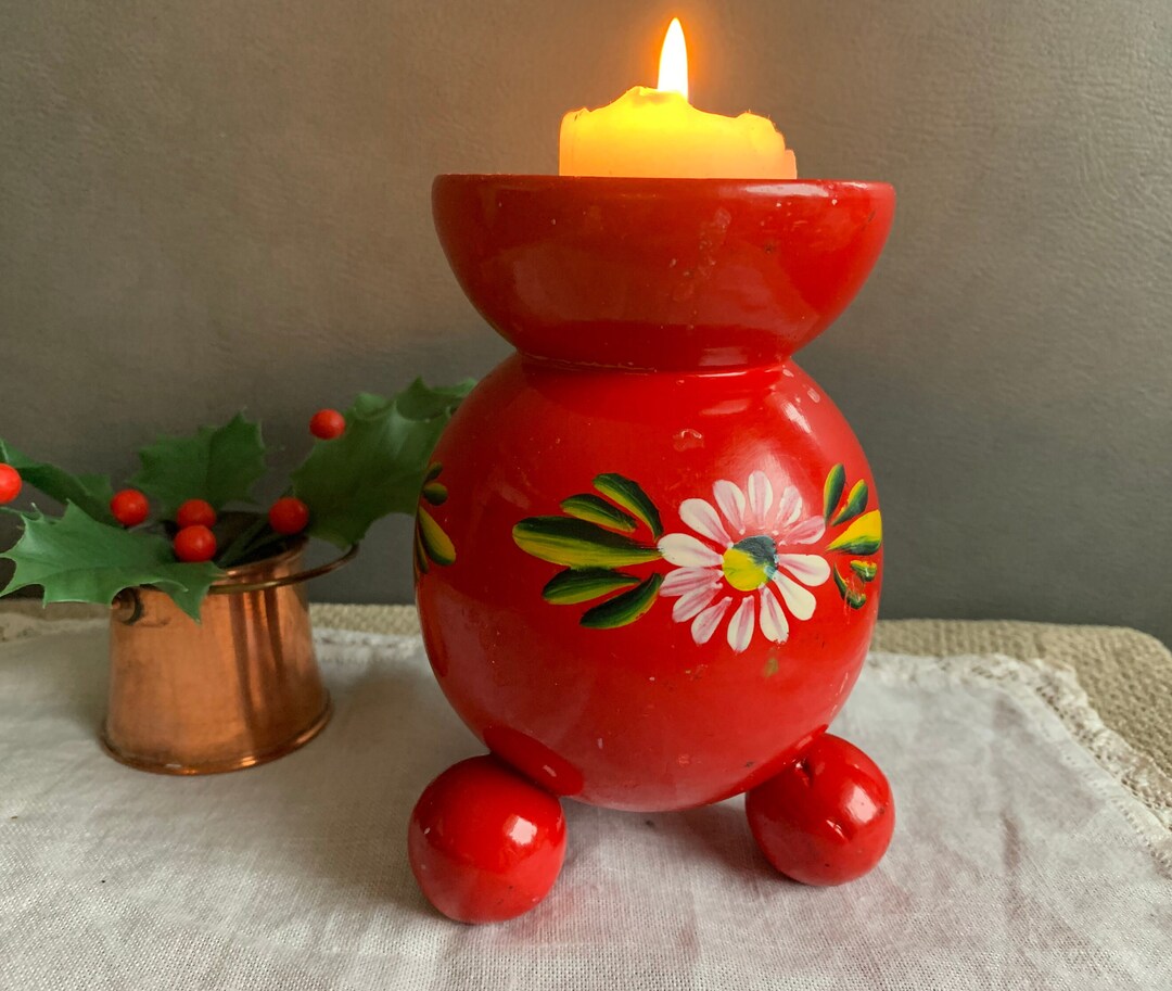 Swedish Vintage Ball Candle Holder Red Wooden Candle Holder Etsy