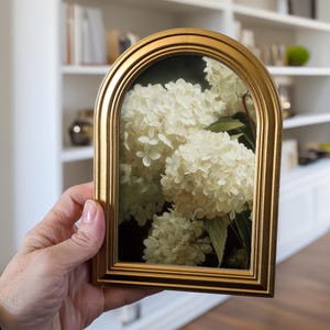 May include: A gold-colored, arched picture frame holding a floral print of white hydrangeas. The frame has a detailed, textured border and is held in a person's hand. The background is a blurred white bookshelf.