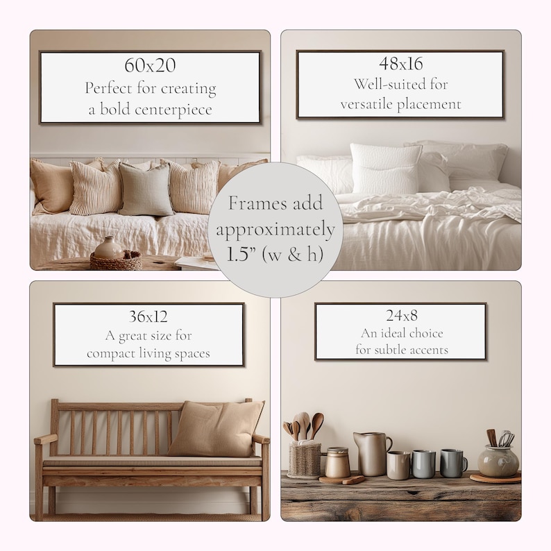 The image is a collage of four different framed artworks, each with a unique size and style, and each with a different description.