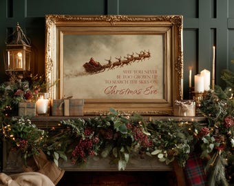 May include: A festive Christmas scene featuring a framed print with a gold frame. The print depicts Santa's sleigh and reindeer, with the text "May you never be too grown up to search the skies on Christmas Eve." The mantel is decorated.