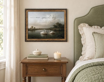Romantic Swans Oil Painting: Personalized Framed Bedroom Wall Decor
