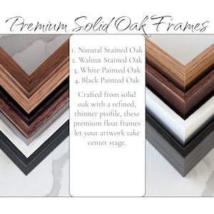 a collection of premium solid oak frames, each with a different color and finish, arranged in a visually appealing manner.