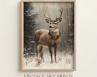 Vintage Deer Christmas Art Print: Winter Wonderland Wall Decor