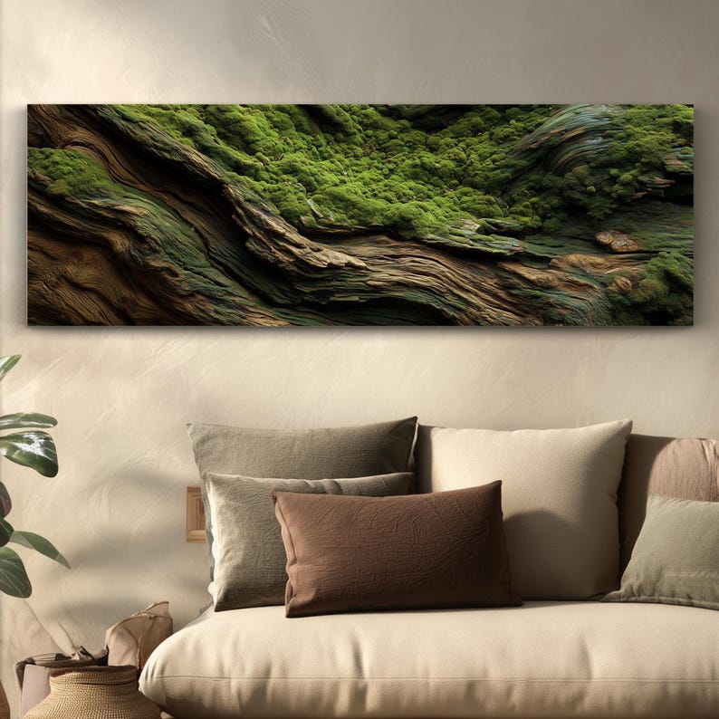 Moss and Olive Wood Canvas Wall Art: Unique Botanical Decor image 9