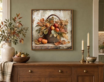 Framed Canvas Hanging: Autumn Fruit Basket Fall Seasonal Artwork