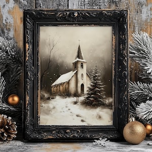 Vintage Christmas Church Art Print: Winter Snow Scene