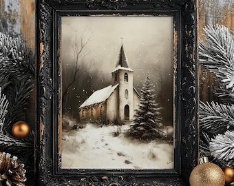 May include: A framed painting depicting a white church with a steeple, set against a snowy winter backdrop. The church is surrounded by trees and snow-covered ground. The painting is presented in a black frame with a distressed finish.