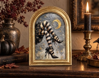Witch Legs Striped Stockings Shelf Sitter: Dark Academia Gold Arch Framed Art Print