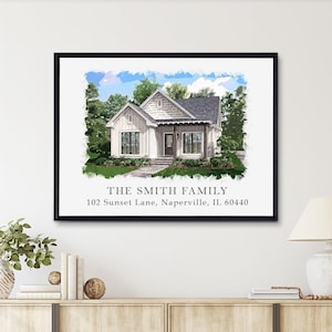 May include: A watercolor illustration of a white house with a black roof and a green lawn. The text "THE SMITH FAMILY" and "102 Sunset Lane, Naperville, IL 60440" is printed below the image.