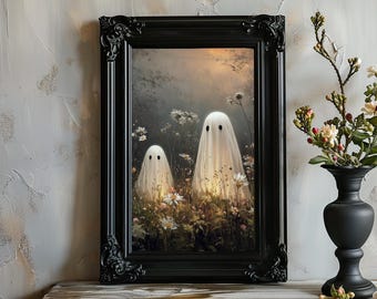 Puede incluir: Una impresión artística enmarcada que presenta dos figuras de fantasmas en un campo de flores. Los fantasmas están cubiertos con sábanas blancas con agujeros negros para los ojos. El marco negro tiene detalles ornamentados.
