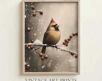 Vintage Christmas Cardinal Art Print: Winter Bird on Branch