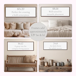 The image is a collage of four different framed artworks, each with a unique size and style, and each with a different description.