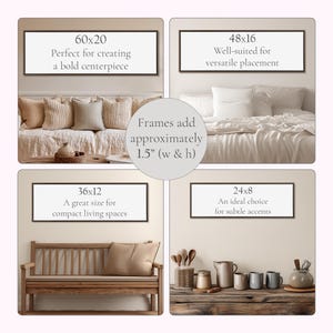 The image is a collage of four different framed artworks, each with a unique size and style, and each with a different description.