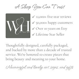 May include: A white graphic with the text A Shop You Can Trust, featuring a dark gray square logo with the letters WH and a heart. It lists 12,000+ five-star reviews, 50,000+ happy customers, over 10 years on Etsy, and Lifetime Star Seller status.