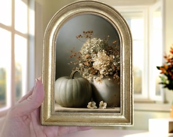 Fall Pumpkin Oil Painting Print, Small Framed Autumn Shelf Decor