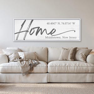 May include: A rectangular wall sign with a white background and a thin gray frame. The word Home is written in large gray script. Below it, the text reads 40.4047° N, 74.0714° W and Middletown, New Jersey in a smaller gray serif font.