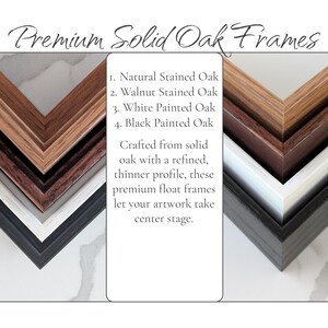 a collection of premium solid oak frames, each with a different color and finish, arranged in a visually appealing manner.