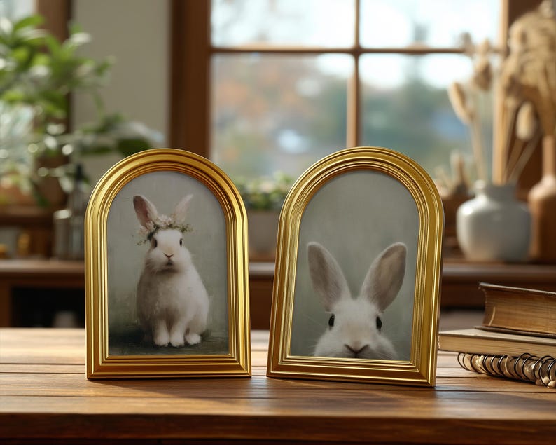 Single Rabbit Hm Frame Set of 2 Small Gold Arched Framed Art Prints: Shelf Decor Gift for Her ...