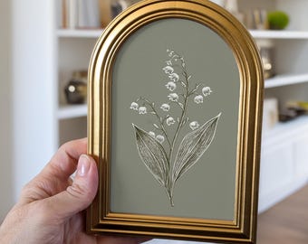 Small Gold Arched Frame Lily of the Valley Art Print : Birthday Gifts for Her