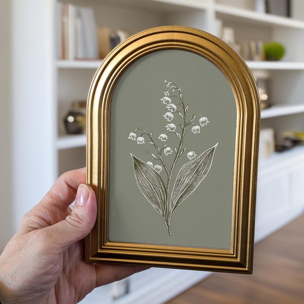Small Gold Arched Frame Lily of the Valley Art Print : Birthday Gifts for Her