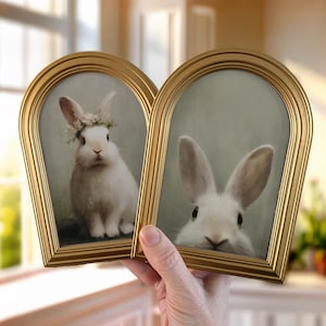 May include: Two gold-framed pictures of white rabbits. One rabbit wears a floral crown, the other has large ears. The frames are held by a hand, with a window and flowers in the background.