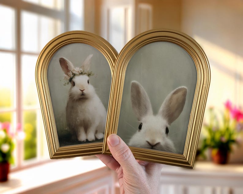 Single Rabbit Hm Frame Set of 2 Small Gold Arched Framed Art Prints: Shelf Decor Gift for Her ...