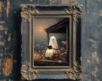 May include: A framed artwork depicts a ghost reading a book while seated in a rocking chair on a porch. The artwork is set in a field of flowers with a sunset backdrop. The frame is black with gold accents.