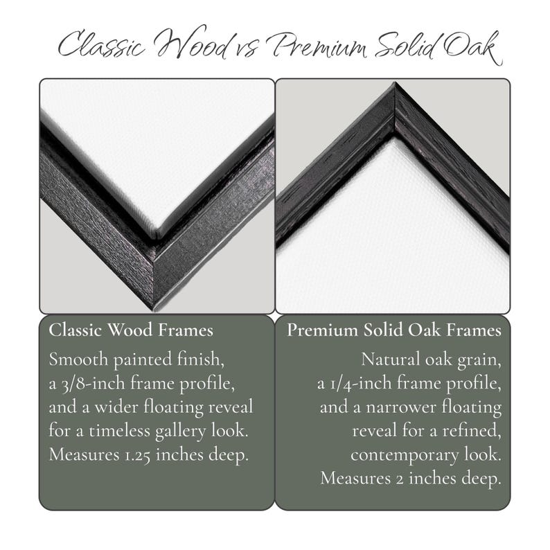 May include: A comparison of Classic Wood vs Premium Solid Oak frames. The Classic Wood frame has a smooth painted finish, a 3/8-inch profile, and is 1.25 inches deep. The Premium Solid Oak frame features natural grain, a 1/4-inch profile, and is 2 inches deep.